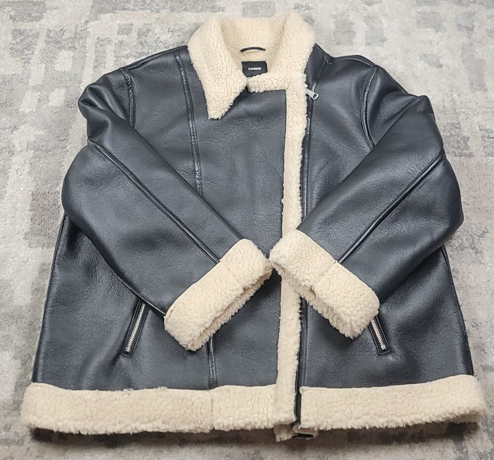 Express Women's Black Faux Leather Sherpa Aviator Moto Jacket Sz XL